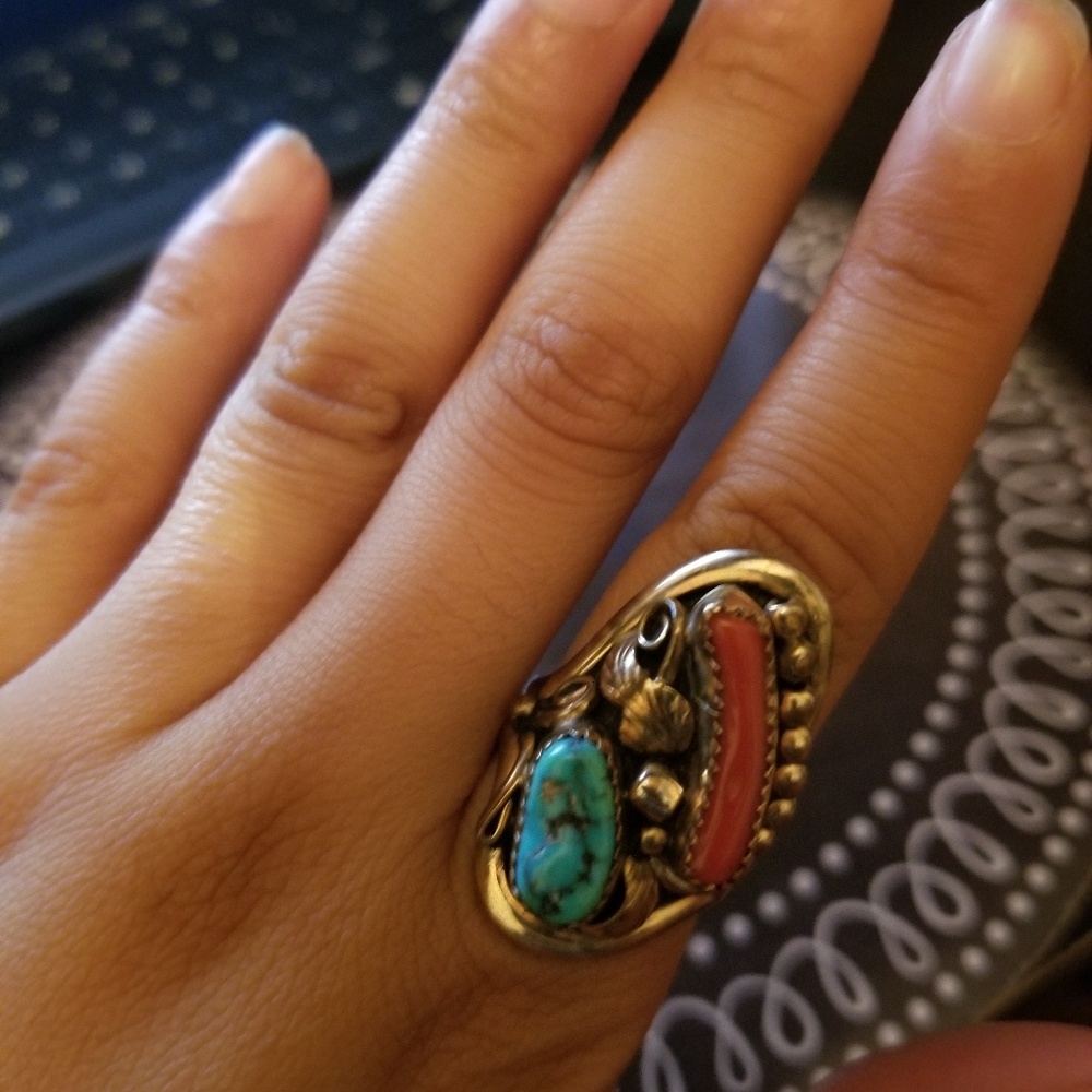 ☆Turquoise and Coral Sterling Silver Size 9 - Picture 4 of 5